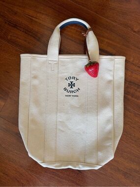 Tory Burch New York Canvas Tote Bag with Strawberry Logo Bag Charm